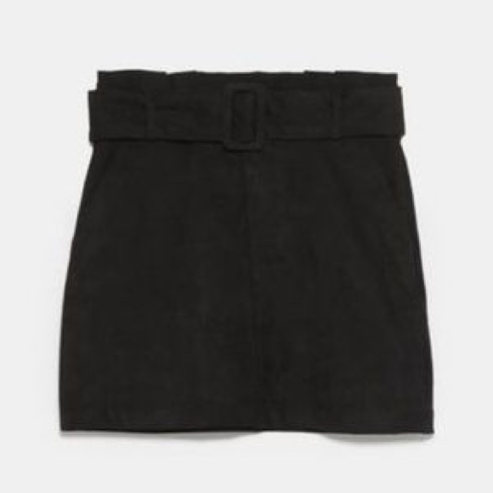 ZARA TRF Black belted paperbag waisted Faux Suede Mini Skirt-Size L-NWOT
